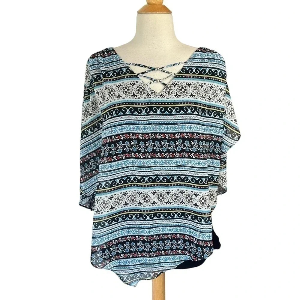 ALYX Poncho Style Blouse 0X Blue Geometric Strappy V-Neck Asymmetric Hem